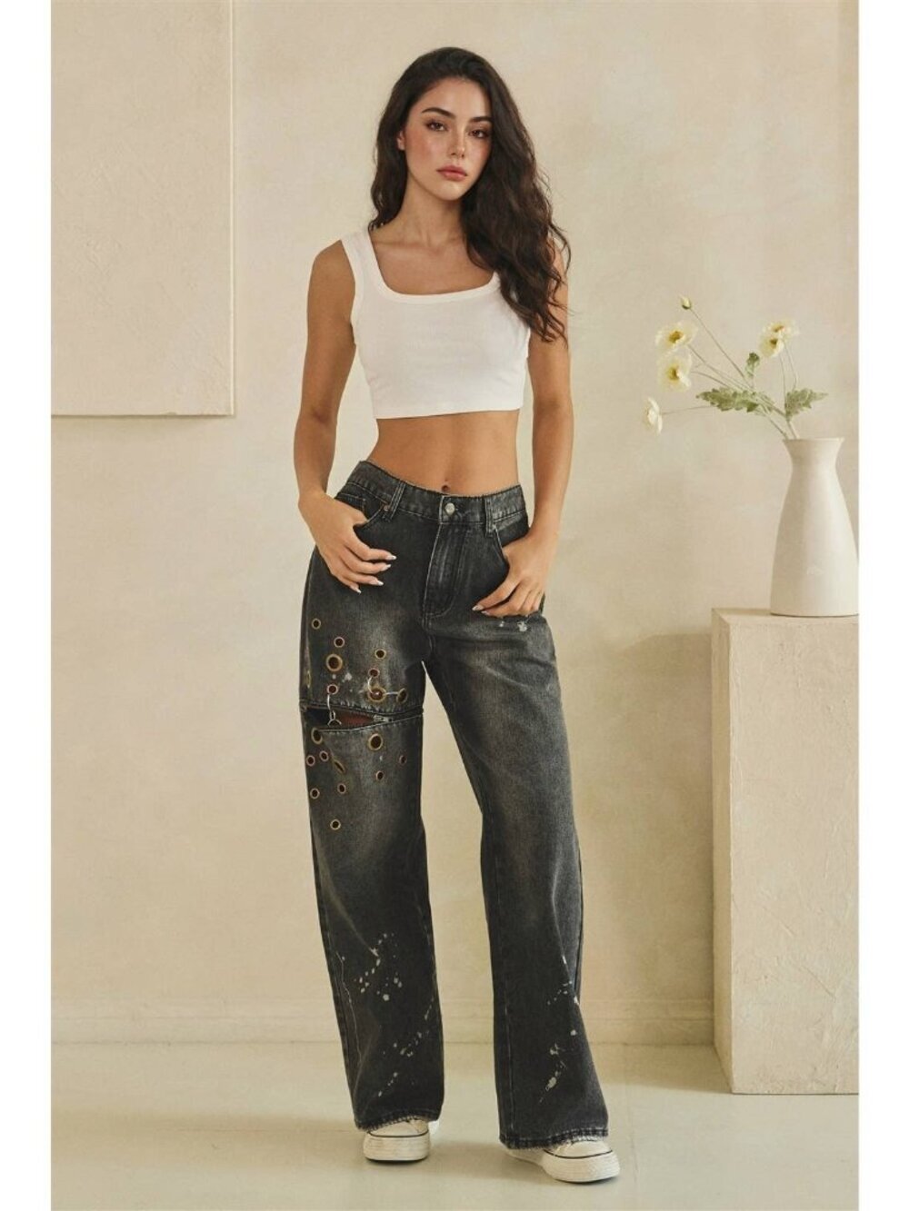 NWT Oli & Hali Black Wash Distressed Zipper Leg Jeans with Gold & Copper Grommet